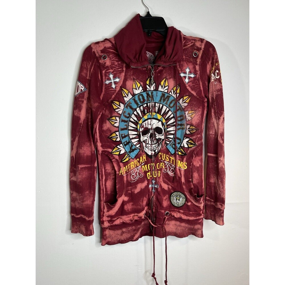 Affliction VTG Skull Hoodie Sweatshirt S Motor Cycle Biker Y2K Indian Chief Red